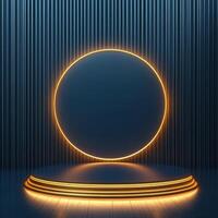 3d rendering of a neon circle on a podium photo