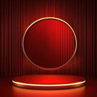 Red background with a round frame and a spotlight photo