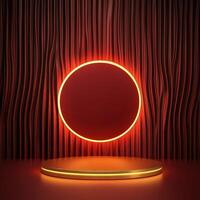 Red neon circle on a wooden platform with red curtains photo