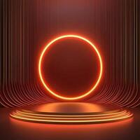 An orange neon circle with a stage in the background photo
