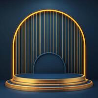 Golden stage with neon lights on a dark background photo