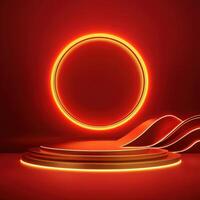 Red neon light on a podium with a circle photo