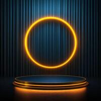 A neon ring on a stage with a spotlight photo
