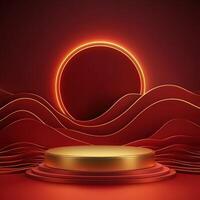 Gold podium with red background and sun photo