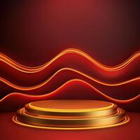 Gold podium with neon waves on a red background photo