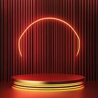 Red neon light on stage with red curtain photo