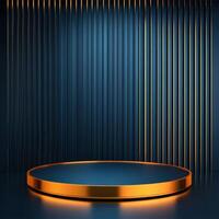 An empty podium with a blue background and a light photo