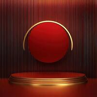 Red podium with gold frame and red circle photo