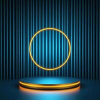A neon ring on a stage with a blue background photo