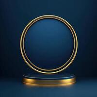 Golden round trophy stand with blue background photo