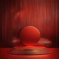Red podium with a round object on top of it photo