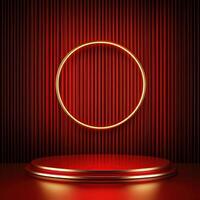 Red and gold background with a round light on a podium photo