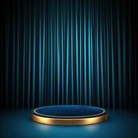 A blue stage with a podium and curtain photo