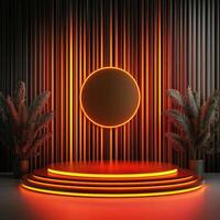 A stage with neon lights and a round light photo
