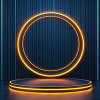 3d rendering of neon circle on stage with blue curtain photo
