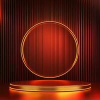 Red and gold stage with a round light on top photo