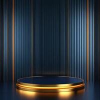3d render of podium with blue lights and gold stripes photo