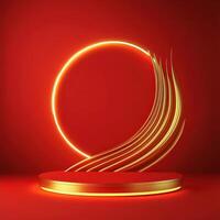 3d rendering of a red and gold round table with a neon sign photo