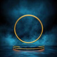 A neon ring on a stage with smoke photo