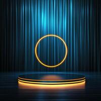 An empty stage with a spotlight and a neon circle photo