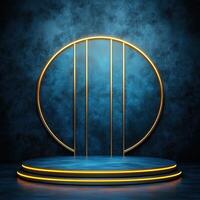 Golden podium with a circular light on a dark background photo