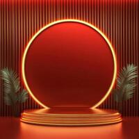 Red neon stage with palm trees and a red circle photo
