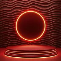 Red neon light on a stage with a circular light photo