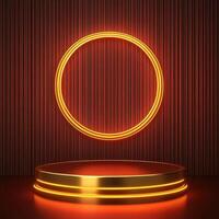 Neon round podium with gold frame on dark background photo