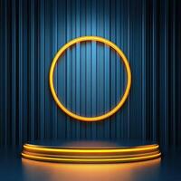 A neon ring on a stage with a blue background photo