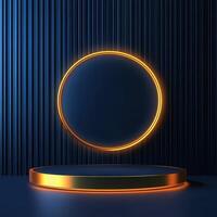 3d rendering of a round podium with a glowing neon light photo