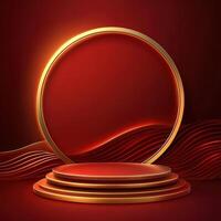 Red background with golden podium and circular frame photo