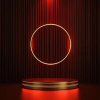 Red neon circle on a podium with red lights photo