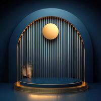 A stage with a golden light and a golden curtain photo
