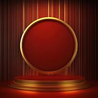 Red podium with gold frame and red background photo