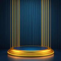 Golden podium with neon lights on a dark background photo