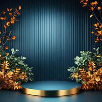 Golden podium with leaves and branches on a blue background photo