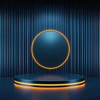 3d rendering of a round stage with neon lights photo