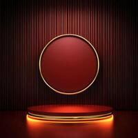 Red round podium with gold frame on dark background photo
