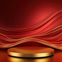 Gold podium with red waves on a red background photo