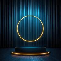 A neon circle on a stage with a blue curtain photo