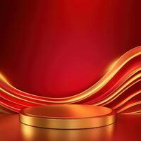 Gold podium with red waves on a red background photo