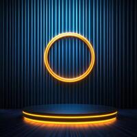 3d rendering of a neon ring on a podium photo