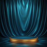 Gold podium stage with blue curtain and gold background photo