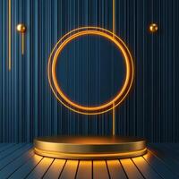 3d rendering of a neon circle on a wooden platform photo