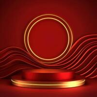 Red background with a podium and a golden circle photo