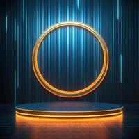 3d rendering of a neon ring on a podium photo