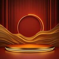 3d rendering of a stage with a red background and a neon light photo