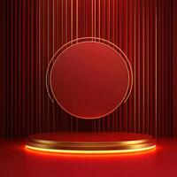 Red background with a round stage and a red light photo