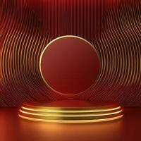 Red and gold podium with a red circle on it photo