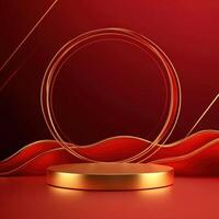 Gold podium with red background and curved lines photo
